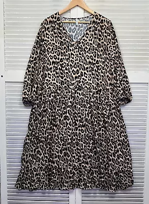 & Me Maxi Dress Womens 16 Plus Beige Black Animal Print Flowy Relaxed Viscose • $22.95