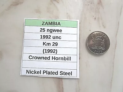 ZAMBIA 25 Ngwee 1992 Unc Km 29 (1992) Crowned Hornbill • $3.52