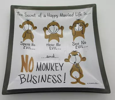 Vintage MCM Campana Monkey Business Secret Happy Married Life Glass Trinket Dish • $19.95