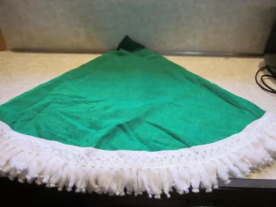 Vintage 60  Round Green Woven Style Tablecloth W/White Uncut Fringe • $12