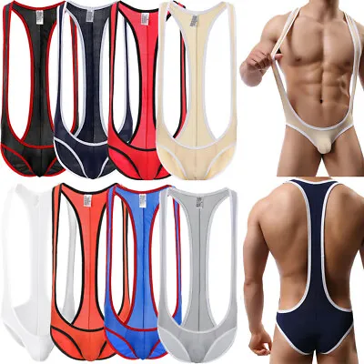  Men's Ice Silk Smooth Leotard Stretch Wrestling Singlet Bodysuit Jumpsuit Brief • £7.74