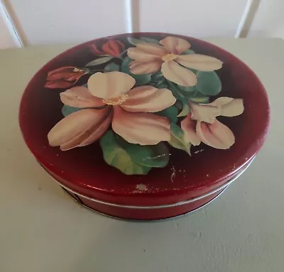 Vintage Candy Tin Dark Red W Magnolia Blossoms Round Lithograph Deco Mrs Stevens • $22.50