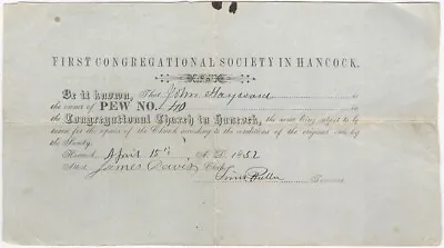 1852 First Congregational Society In Hancock Massachusetts Church Pew Receipt • $34.25