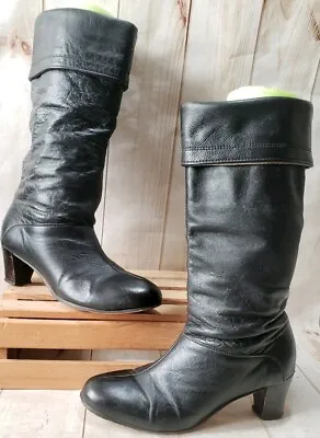 Vintage HUSH PUPPIES Black Leather 2  Heel Knee High Boots Women Sz 7.5 M  • $30
