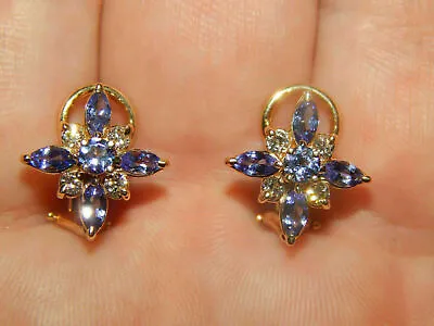 2Ct Blue Tanzanite & Diamond Omega Back Stud Earrings In 14K Yellow Gold Finish • $84.99