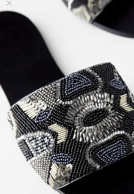 $55 • Buy Zara Flat Beaded Black Slides Size 7.5 New