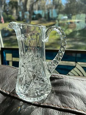 Vintage Crystal Hobstar Pattern Cut Glass Milk Juice Pitcher 7” Waterford Type • $50