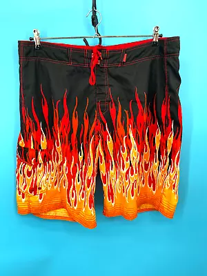 VTG Flame Shorts Mens L Black Red Board Swim Trunks Fire All Over Print Surf AOP • $19.99