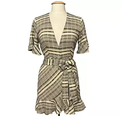 Majorelle Revolve Women Dress Small Beige Stripe True Wrap Ruffle Classic Casual • $76.99