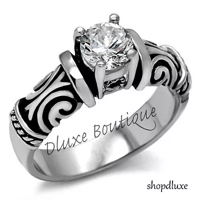 Antique Style Stainless Steel CZ Wedding Engagement Ring Band Women's Size 5-10 • $14.99