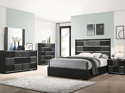 Modern Furniture - 5 Piece Queen King Bedroom Set In Black & Silver Finish IL71 • $1731.89