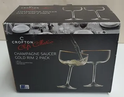 Crofton Chef's Collection Champagne Saucer Real Gold Rim 2 Pack MIB 260ml Glass • $28