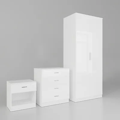 Home Bedroom Furniture Set High Gloss Wardrobe Chest Of Drawers Bedside Table • £128.76