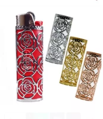 Rose Design Lighter Cover Case - Fits Large Lighter Bic - Gold Silver Rose Gold • $13.99