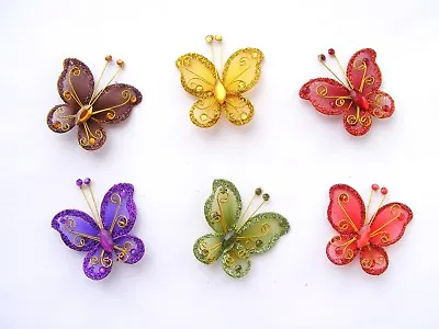 4.5cm X 12 Pretty Gem And  Mesh Butterflies Gold Wire And Gem Detail. • £3.99