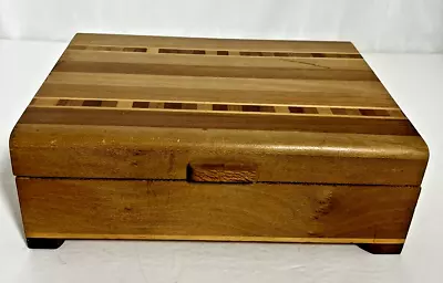 Wood Trinket Jewelry Stash Box Vintage Inlaid Marquetry Hinged Lid Folk Art • $28