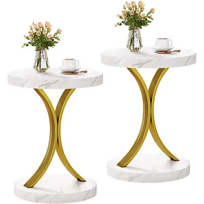 Set Of 2 Round Side End Coffee Table Nightstand Faux Marble Top With Metal Frame • $77.59