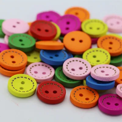 100Pcs Mixed Color Wood Buttons 2 Holes Round For Sewing DIY Crafts Decor • $10.84