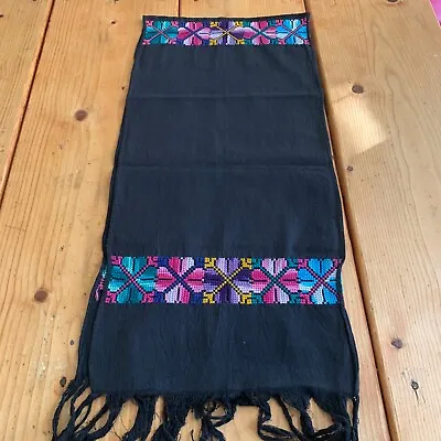 Maya Mexican Chiapas Black Rectangle Embroidered Table Runner Long Scarf 11x50In • $15