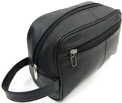 Quality Genuine Cow Leather Men's Shaving Toiletry And Travel Bag 3 Zipper Black • $16.99