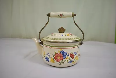 Vintage Enamel Tea Kettle Floral  On Steel Water Kettle • $20