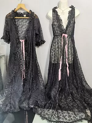 Peignoir Nightgown Long Black Lace Stunning Two Peice Set Nightdress And Gown • £25