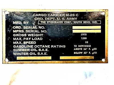 Vintage M-29 C Weasel Brass Nos Data Plate • $39.95
