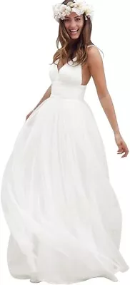Ivory V Neck Wedding Dress Spaghetti Straps Ruched Tulle Beach Bride Sz10  • $65.80