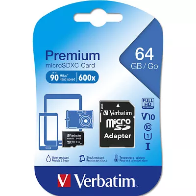 Verbatim 64GB Micro SDXC Memory Card File Storage W/ SD Adaptor Class 10 UHS-I • $23