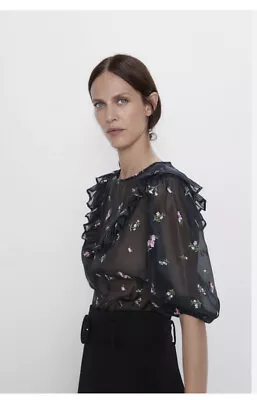 Zara Top Women Medium Black Sheer Printed Ruffled Blouse Item1 • $35