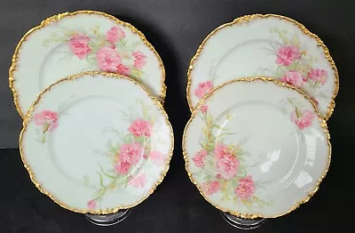 J. POUYAT LIMOGES FRANCE GILDED LUNCHEON Carnations PLATE SET (4) • $65