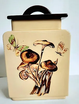 Ceramic Pottery Mushroom Butterfly Canister Cookie Jar &Lid 1970s • $33