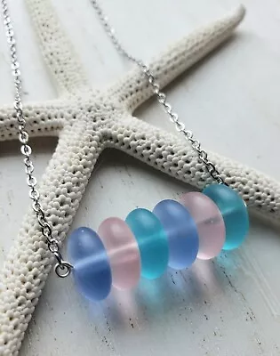 Sea Glass Necklace W Horizontal Stacked Multicolor Sea Glass Pendant Handcrafted • $12.59