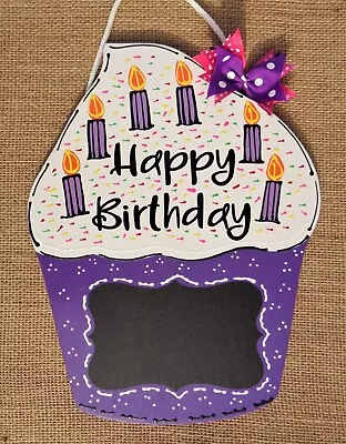 CHALKBOARD Happy Birthday CUPCAKE SIGN Wall Door Hanger Kid's Party Purple • $13