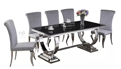 £154.99 • Buy Arianna Black Glass Chrome Steel Dining Table & 4, 6, 8 Black / Grey Chairs 