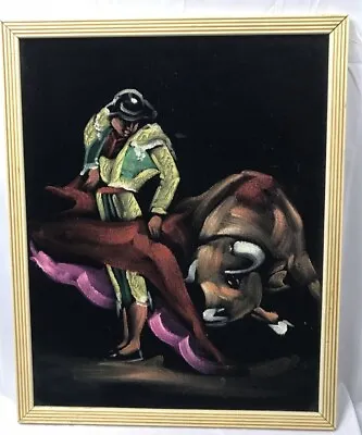 Vtg Velvet Painting Of Matador/Bull Fight Original Mexico Signed 18  X 15  Frame • $40