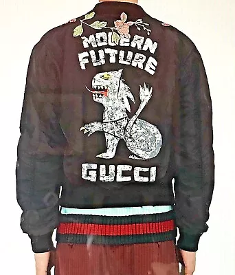 GUCCI 🐉 Modern Future Embroidering/Print Black Nylon Taffeta Bomber Jacket 54 • $1699