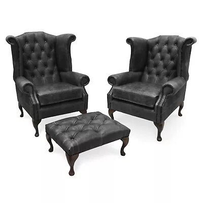 Pair Of Queen Anne High Back Wing Chairs & Footstool In Vintage Black Leather  • £1565