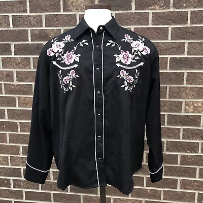 Vintage Women’s Black Denver Roper Western Shirt Pink Embroidered Roses Snaps 2X • $67.99