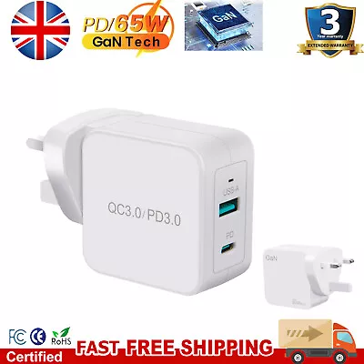 USB C PD 65W Charger GaN Tech Dual Port Type C Wall Fast Power Adapter UK Plug • £13.99