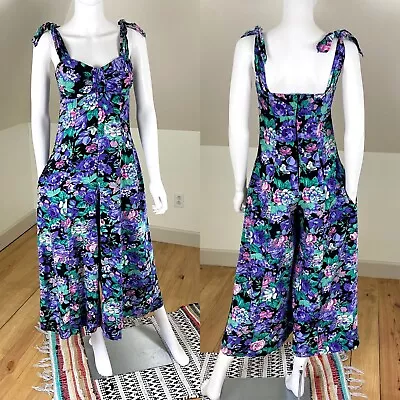 Vintage 80s 90s Floral Cropped Wide Leg Jumpsuit Culottes XSmall Palazzo Pants • $65
