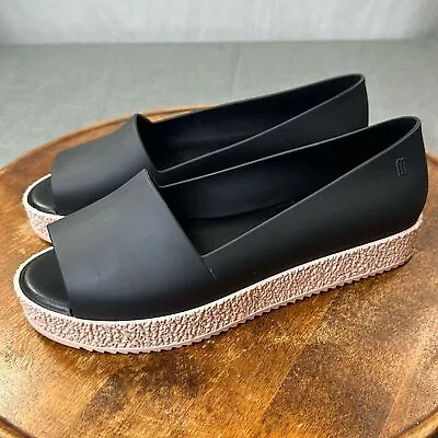 Melissa Shoes Womens 8 Black Pale Pink Rubber Peep Toe Slip On Platform • $25