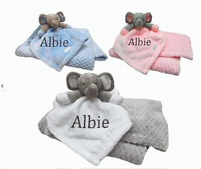 Personalised  Embroidered BABY WAFFLE BLANKET & Elephant Comforter Set • £14.99