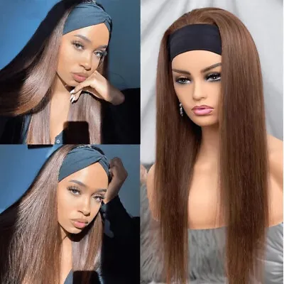 Long Silky Straight HeadBand Wigs Dark Brown Synthetic Wig Glueless Heat Soft US • $18.99