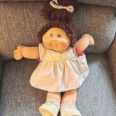 Vtg Cabbage Patch Kid Doll 1984 Brown Hair Eyes Dimple Red Dress Shoes Socks • $44.99