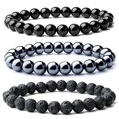 3Pcs Magnetic Hematite Therapy Lava Rock Black Agate Bead Bracelet Set For Men • $7.99