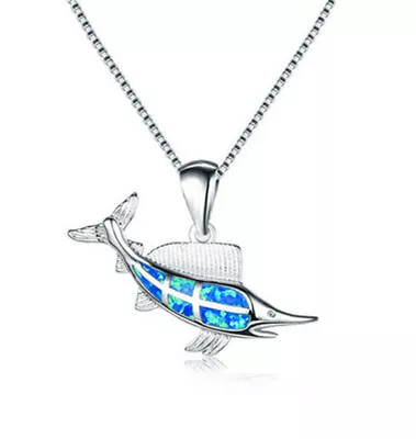 Fashion Woman Silver Fish Charm Blue Simulated Opal Pendant Necklace Jewelry • $0.25