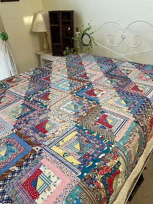 Early Vintage Quilt Top Log Cabin Blue Cottage Hand Stitched 70  X 80  Antique • $225