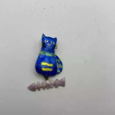 RARE Vintage ZARAH Judith Geiger Cat Fish Bone Pin Articulated Silver Enamel • $29.99