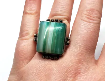 Vintage Green Banded Agate Sterling Silver Ring Large Statement Ring Jewelry S 6 • $89.99